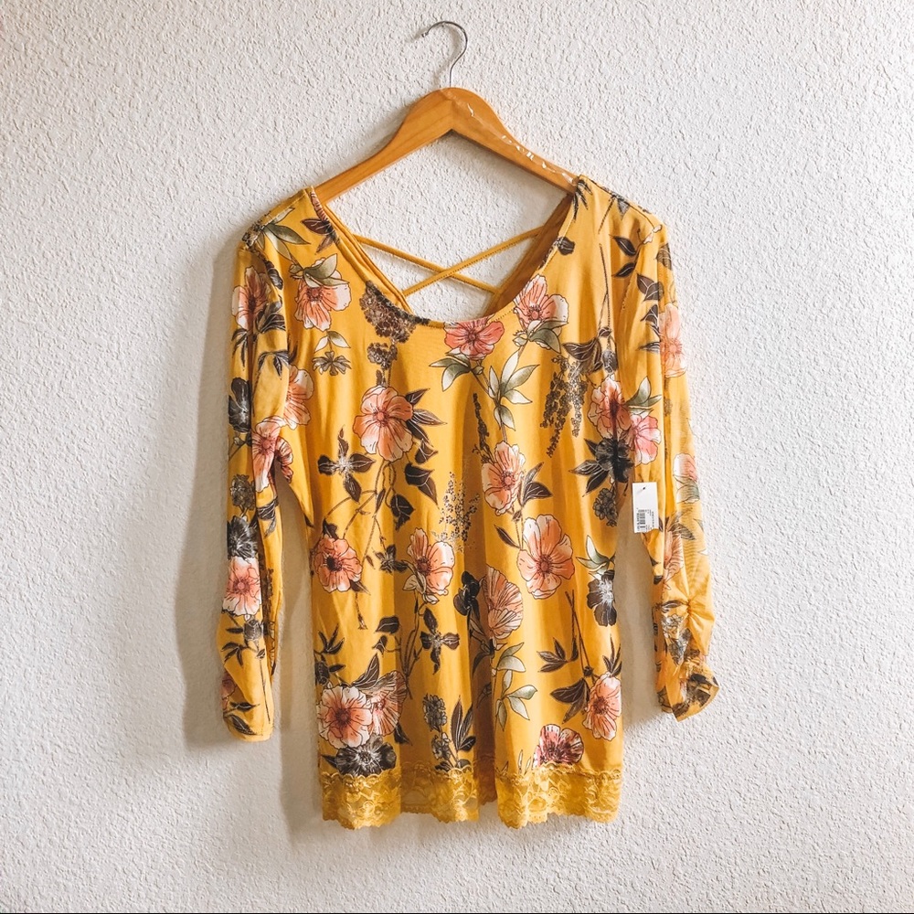 2/$10 bnwt Yellow Floral No Boundaries Lace Blouse